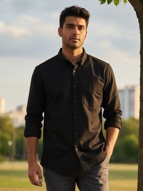 Men's Black Long-Sleeve Casual Button-Down Shirt with Chest Pocket